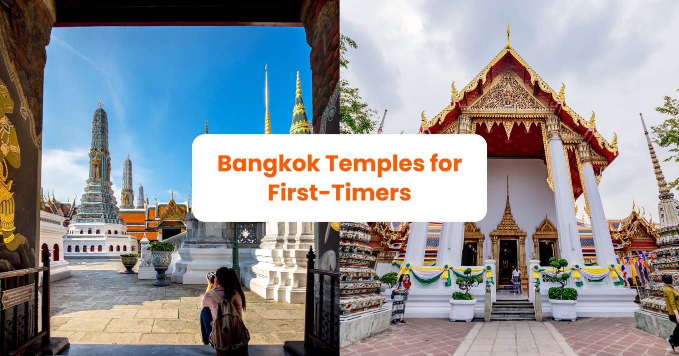 Split image of Bangkok temples with a sign reading Bangkok Temples for First-Timers