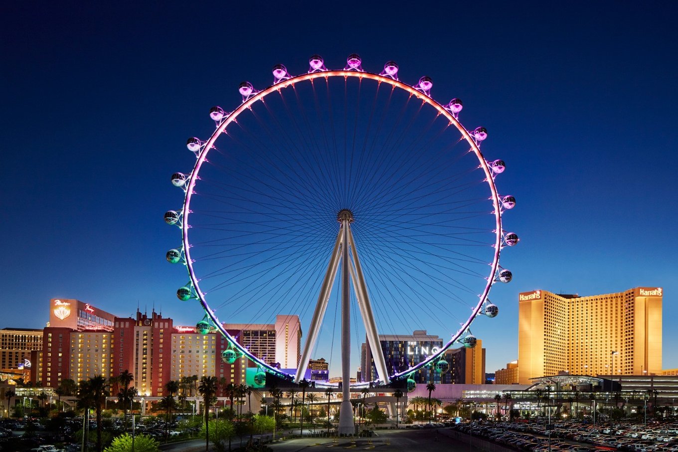 High Roller Las Vegas Ferris Wheel glowing at night on the Strip