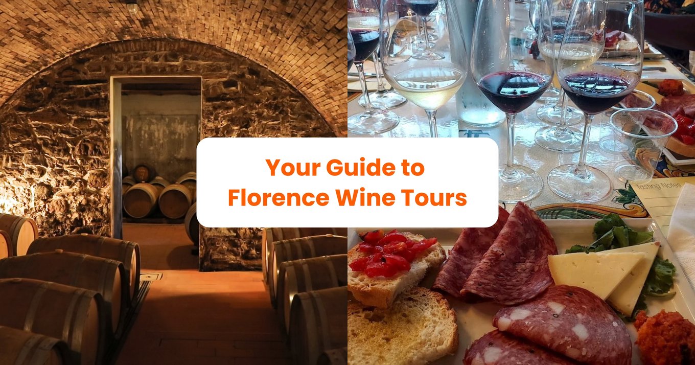 Florence wine cellar and tasting setup with overlay text reading "Your Guide to Florence Wine Tours"