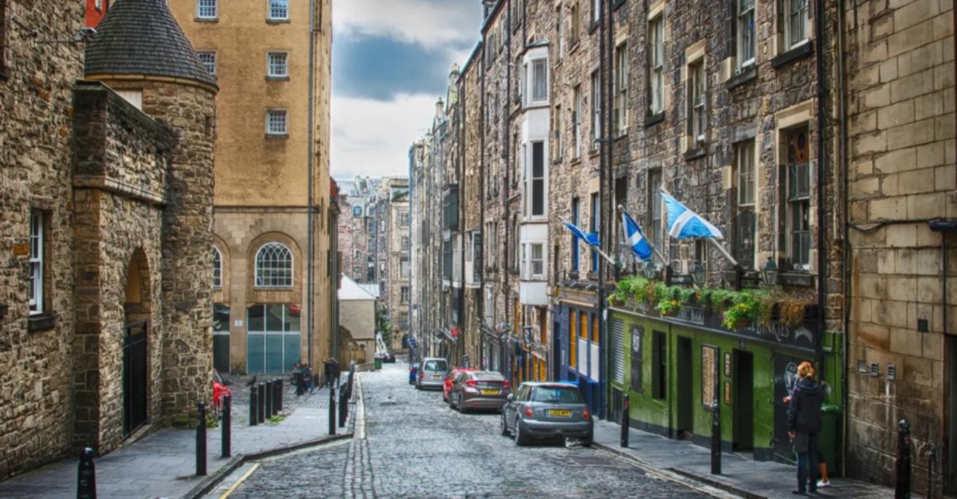A cobblestone street in Edinburgh's, Scotland