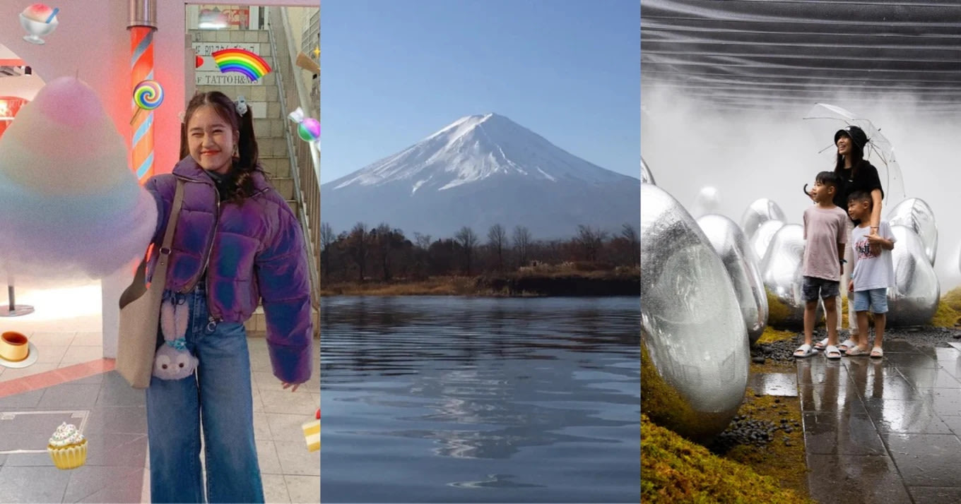 Photos of children enjoying and Mount Fuji