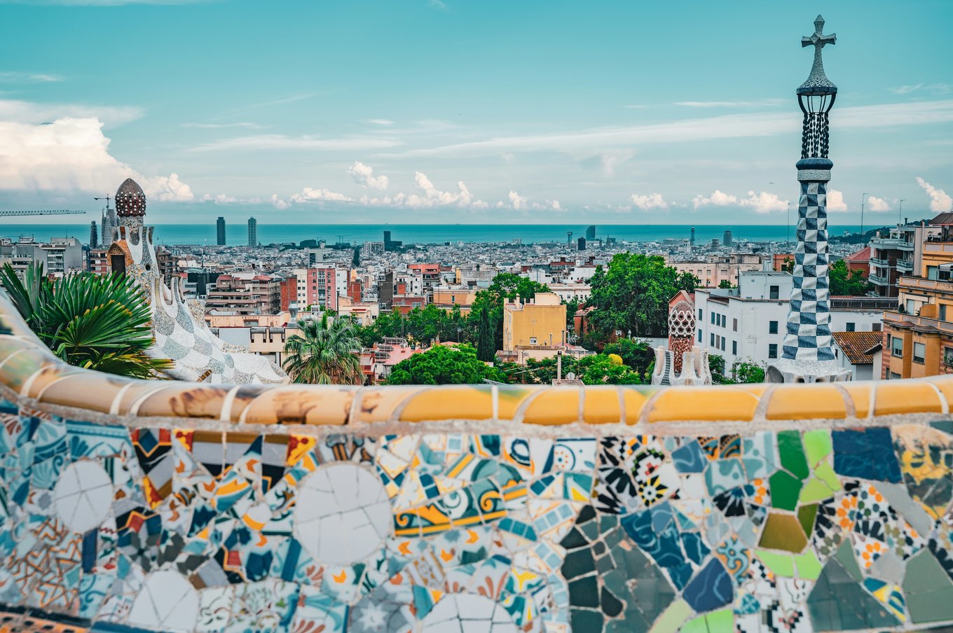 Overlooking view of Barcelona from the Serpentine Bench atop Park Güell