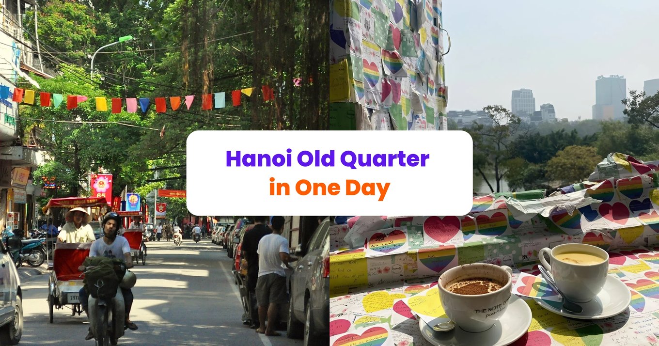 Hanoi Old Quarter street and coffee with city view collage