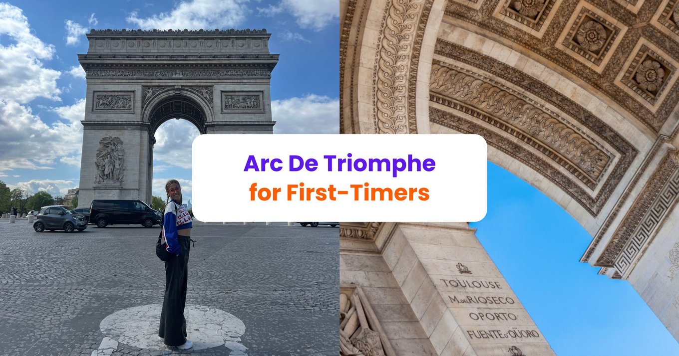 Traveler posing by the Arc de Triomphe in Paris under a bright blue sky