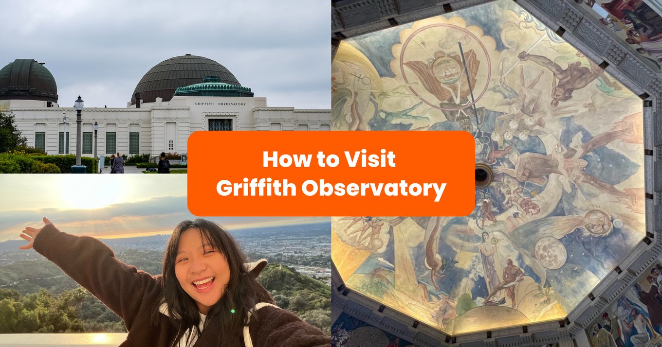 Collage of Griffith Observatory exterior, mural, and visitor enjoying the LA skyline