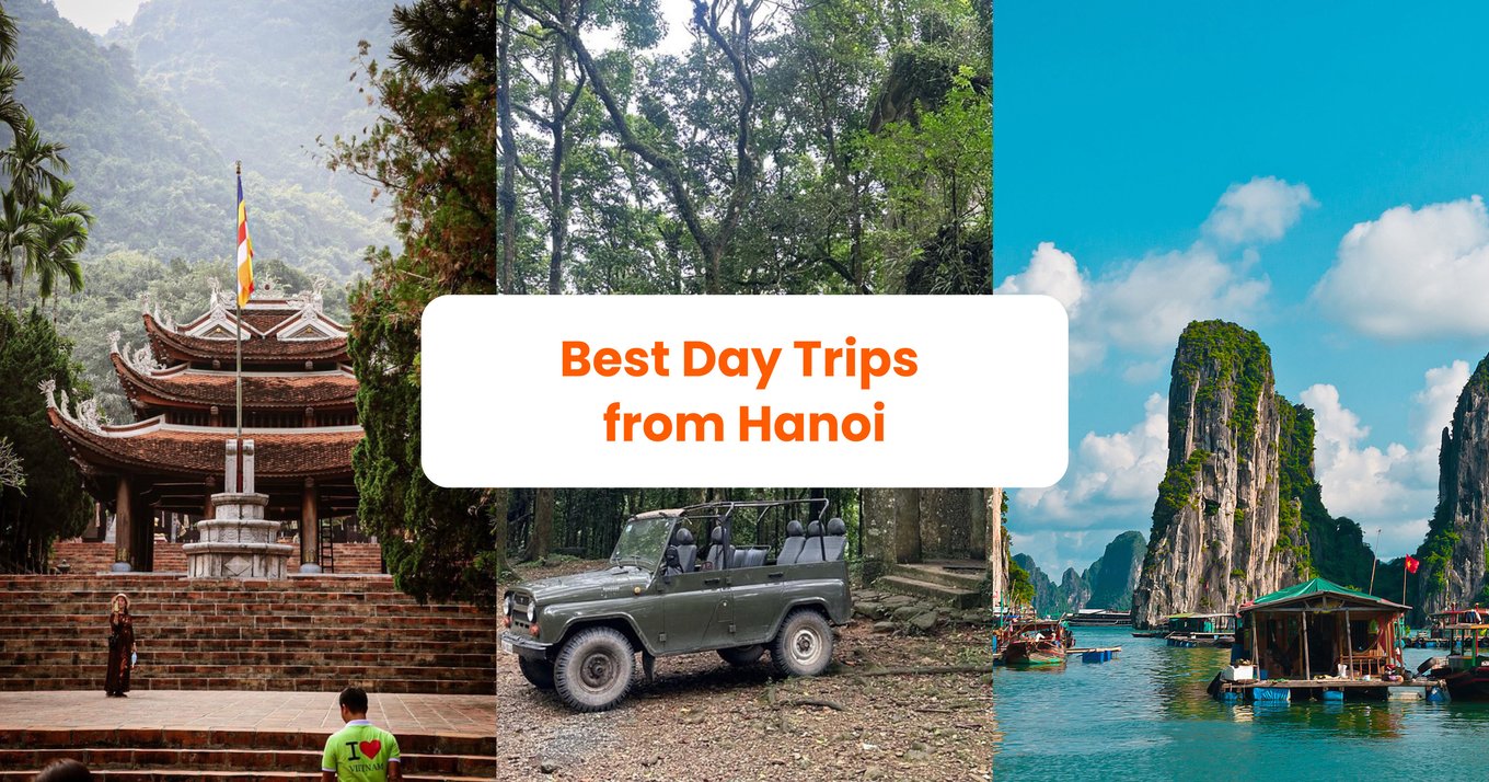 Collage of Perfume Pagoda, Ba Vi forest, and Ha Long Bay from Hanoi day trips
