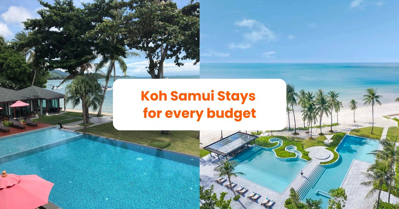 Split view of Koh Samui beachfront pools with text overlay “Koh Samui stays for every budget.”