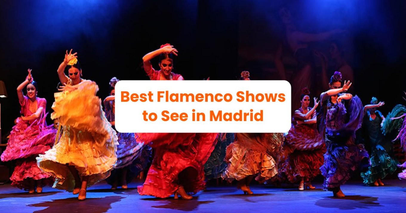 A group of female dancers swinging their skirts, foregrounded by text saying “Best Flamenco Shows in Madrid”