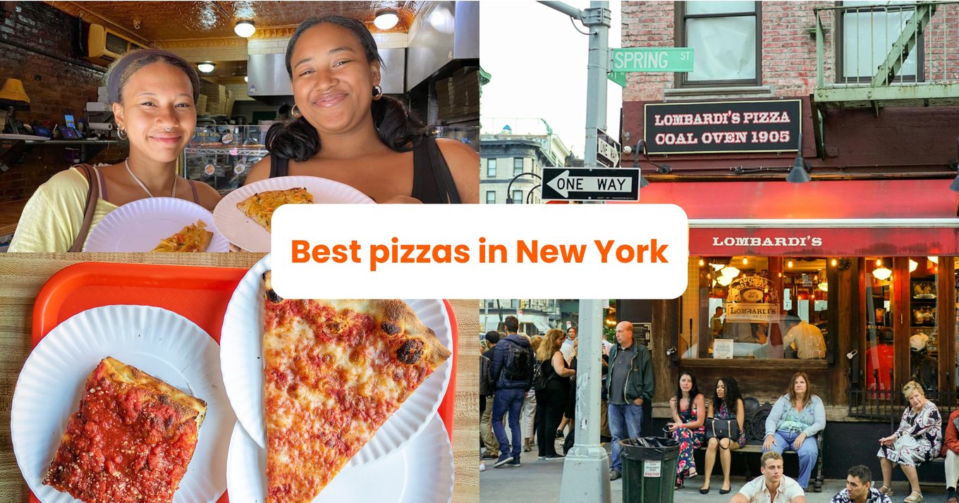 Collage featuring New York pizza slices, Lombardi’s storefront, and happy diners