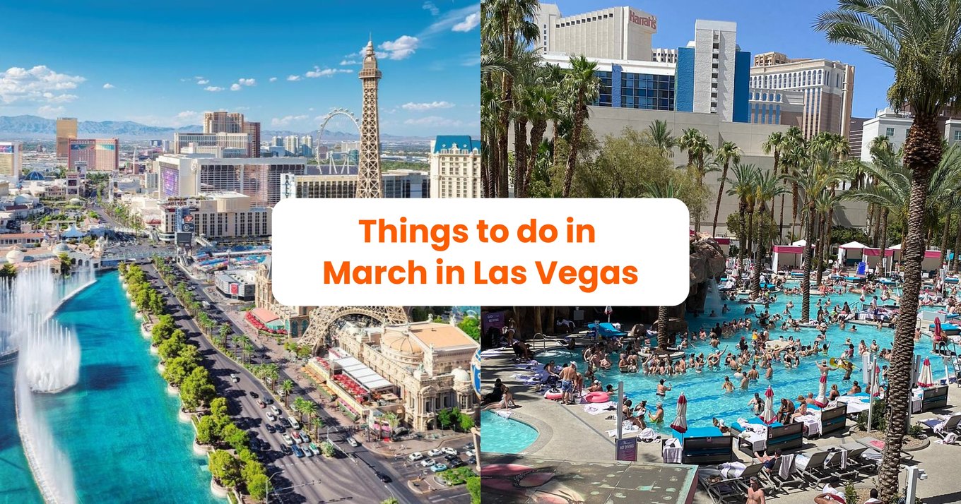 Collage of the Las Vegas Strip and a busy resort pool in March