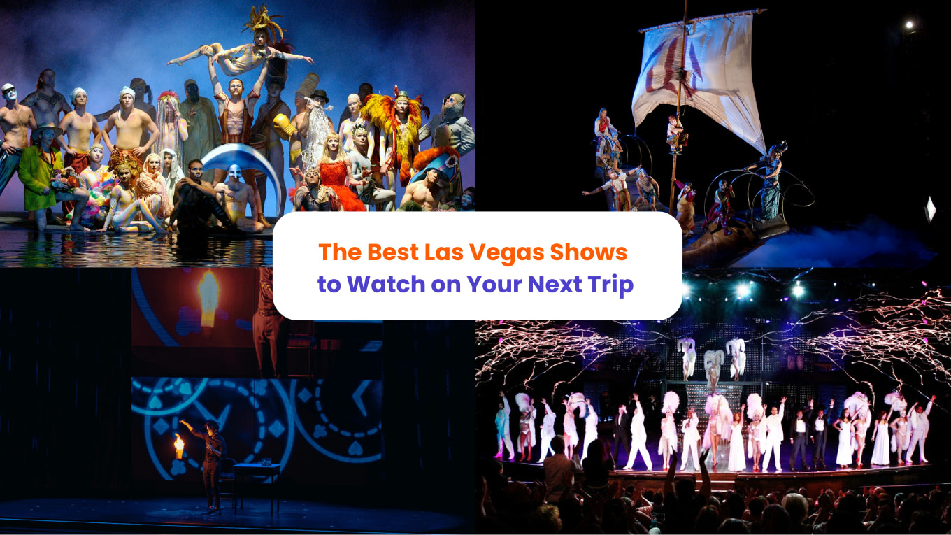 Collage of top Las Vegas shows like Cirque du Soleil and Vegas musicals