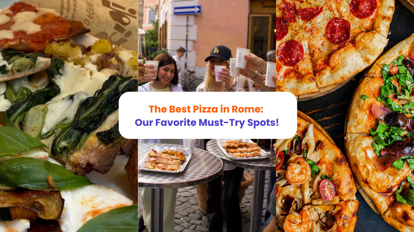 Collage of Roman pizza slices, food tours, and must-try pizzerias in Rome.
