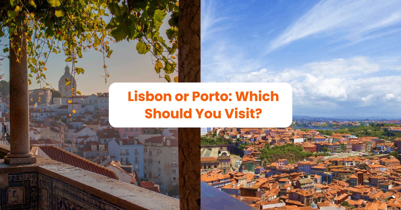 Split image showing panoramic views of Lisbon and Porto in Portugal