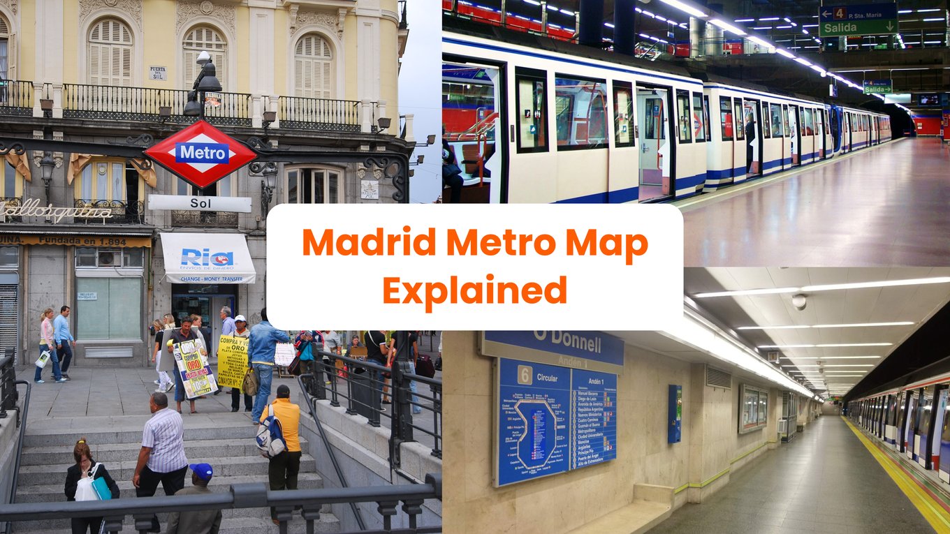 A collage featuring exterior and interior views of the Madrid Metro