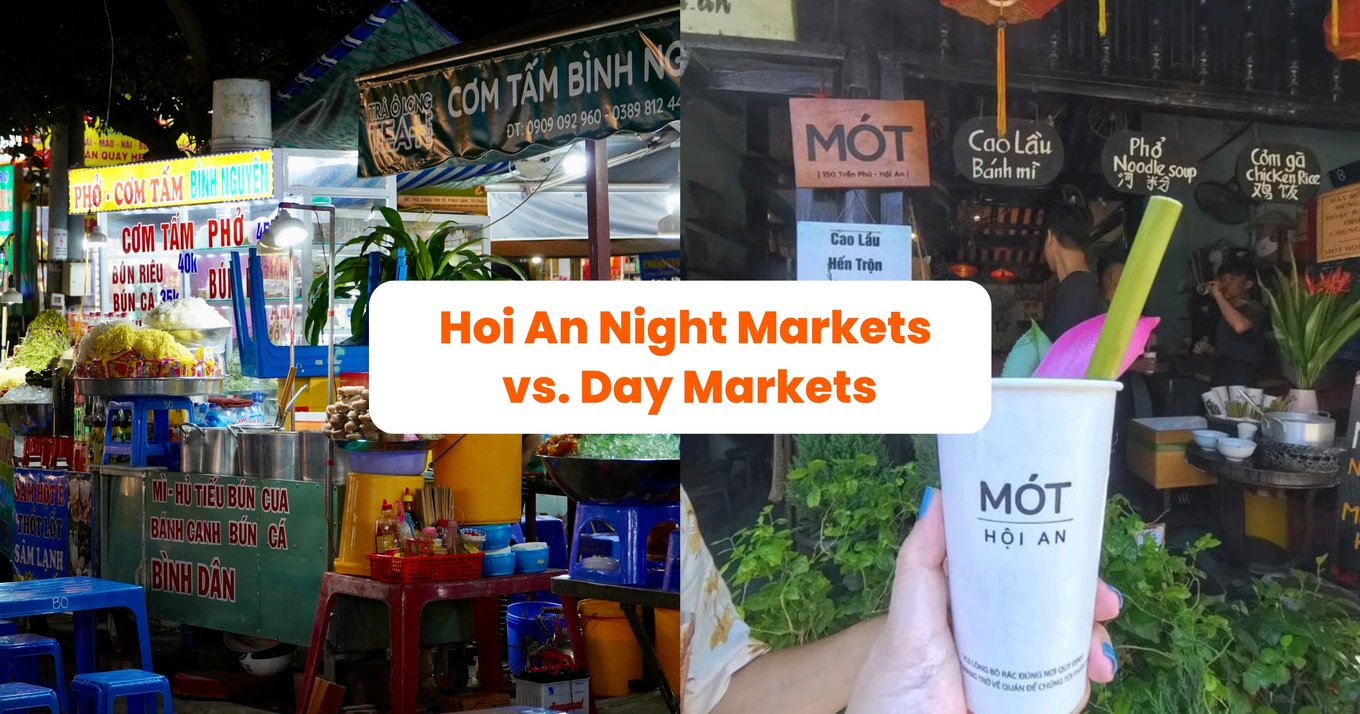 Collage of hoi an night and day market