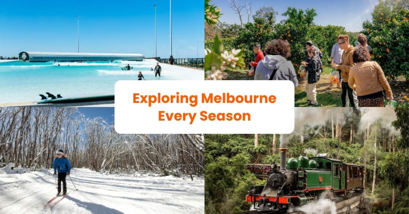 Four Melbourne tourist spots in a collage, foregrounded by text saying, “Exploring Melbourne Every Season”