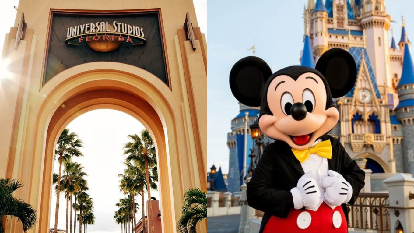 A collage featuring the archway entrance to Universal Studios Florida and Mickey Mouse in front of Disney World’s Cinderella Castle 