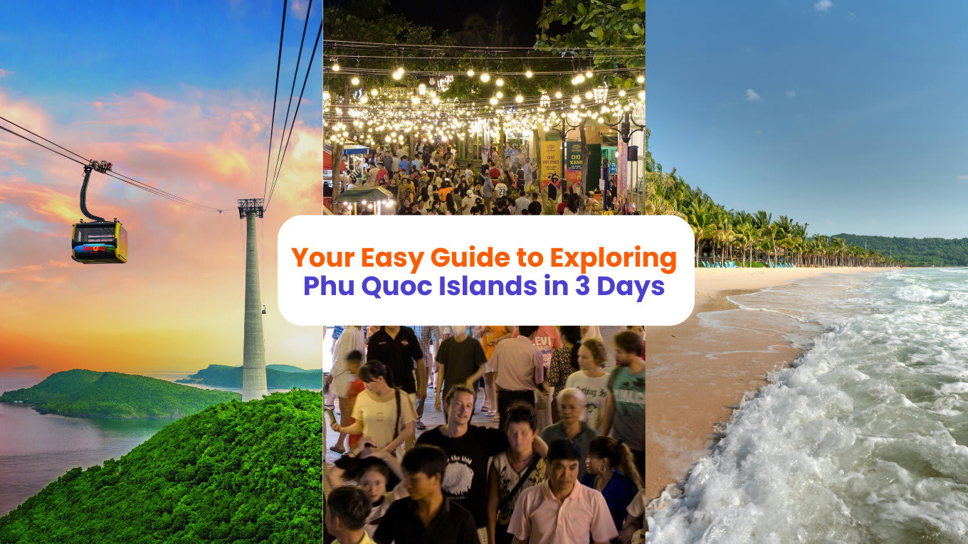 Phu Quoc Islands travel guide cover featuring cable car, night market, and beach scenes