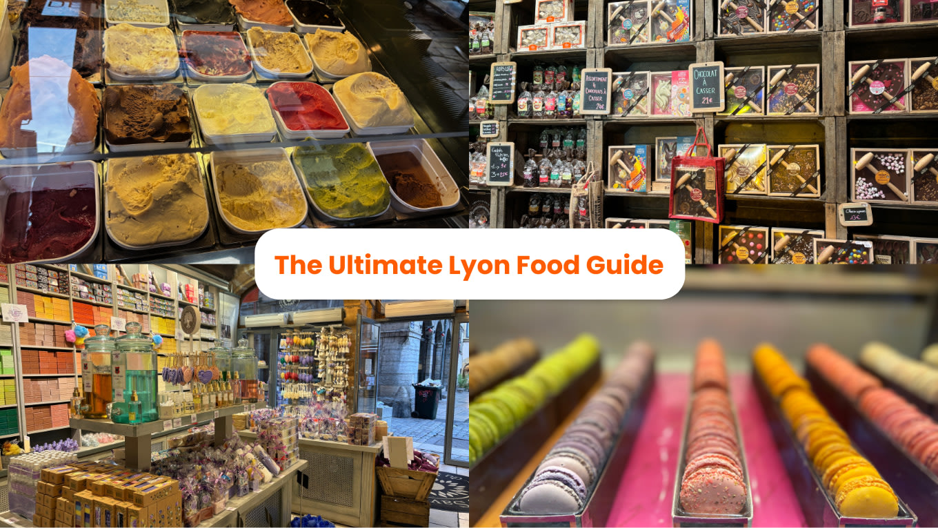 Collage of Lyon food, including gelato, chocolates, pastries, and local sweets