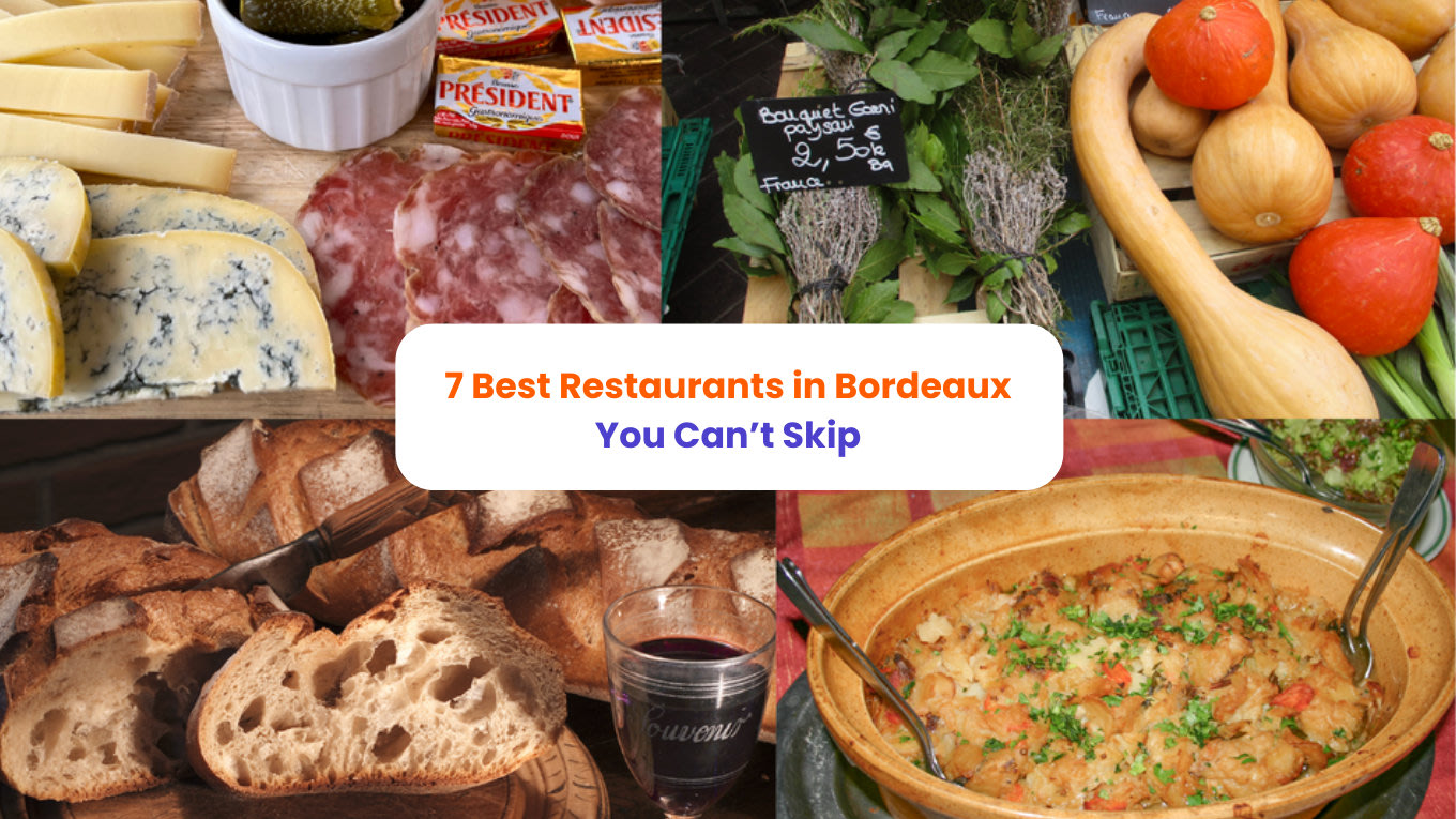 Collage of Bordeaux food, including bread, cheese, seafood, wine, and local dishes