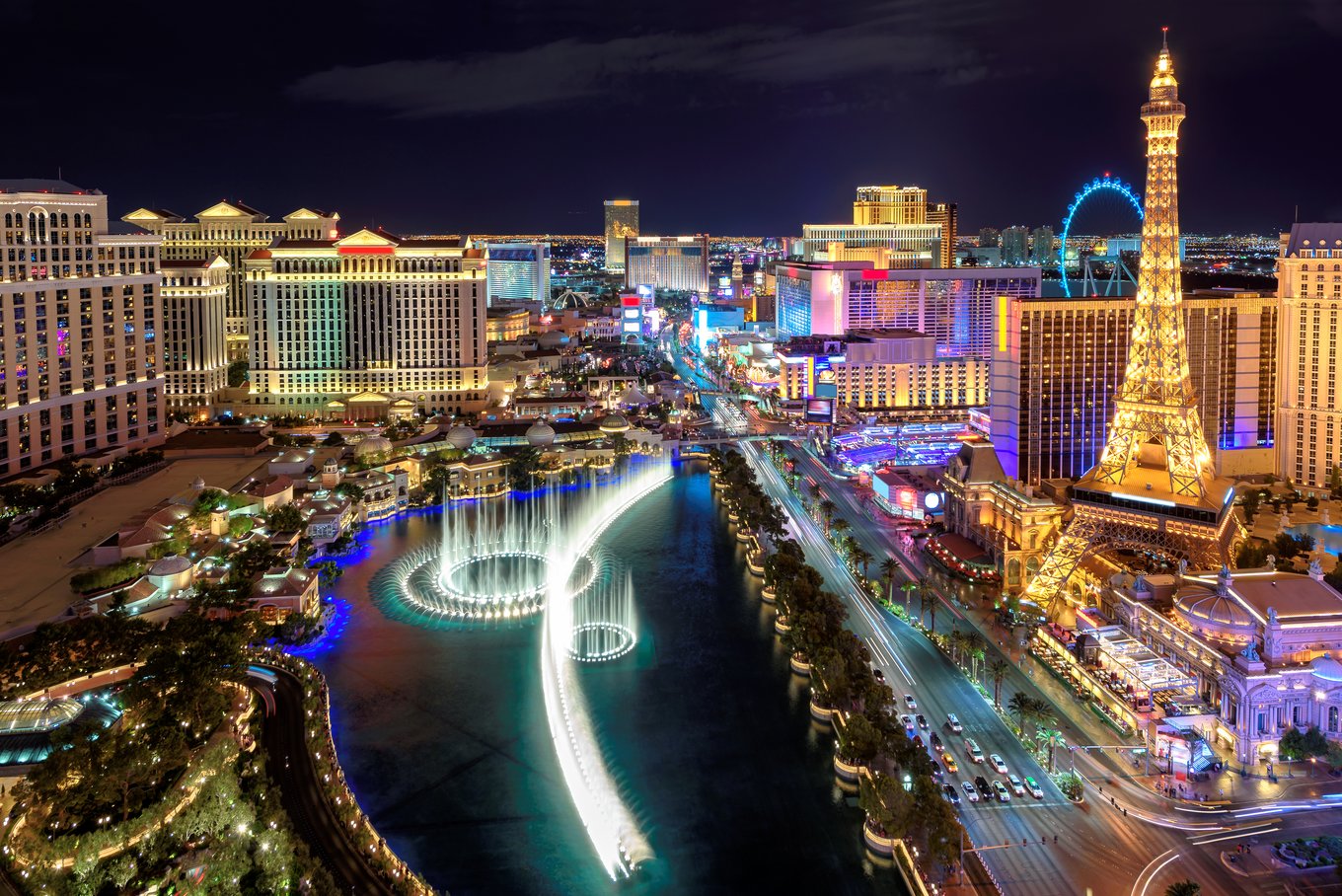 Aerial night view of the Las Vegas Strip with luxury resorts and Bellagio fountains