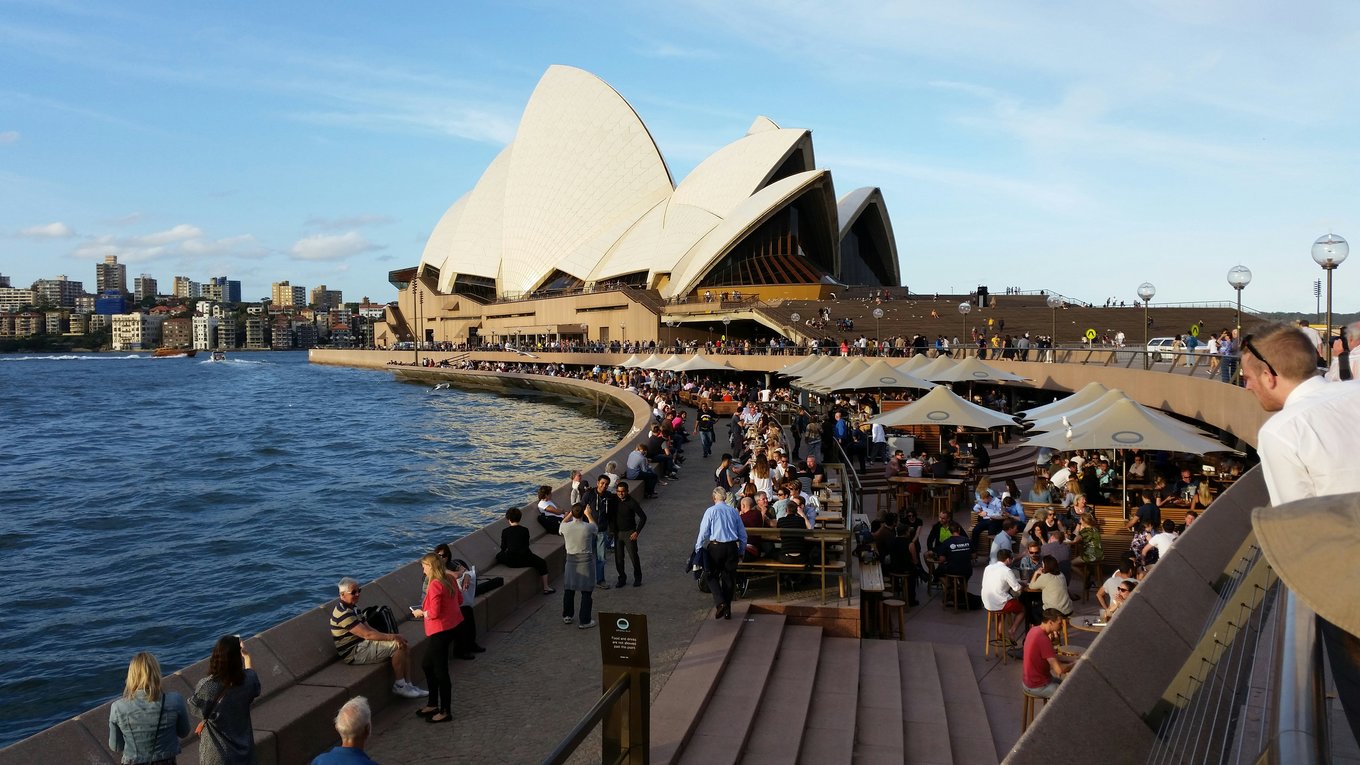 Outdoor dining near Sydney Opera House showing budget-friendly food spots by the harbour
