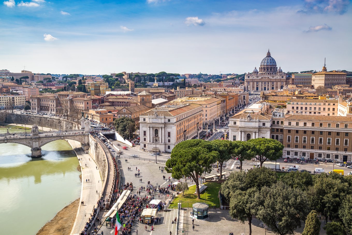 Aerial view of Rome city center with St Peter’s Basilica and the Tiber River