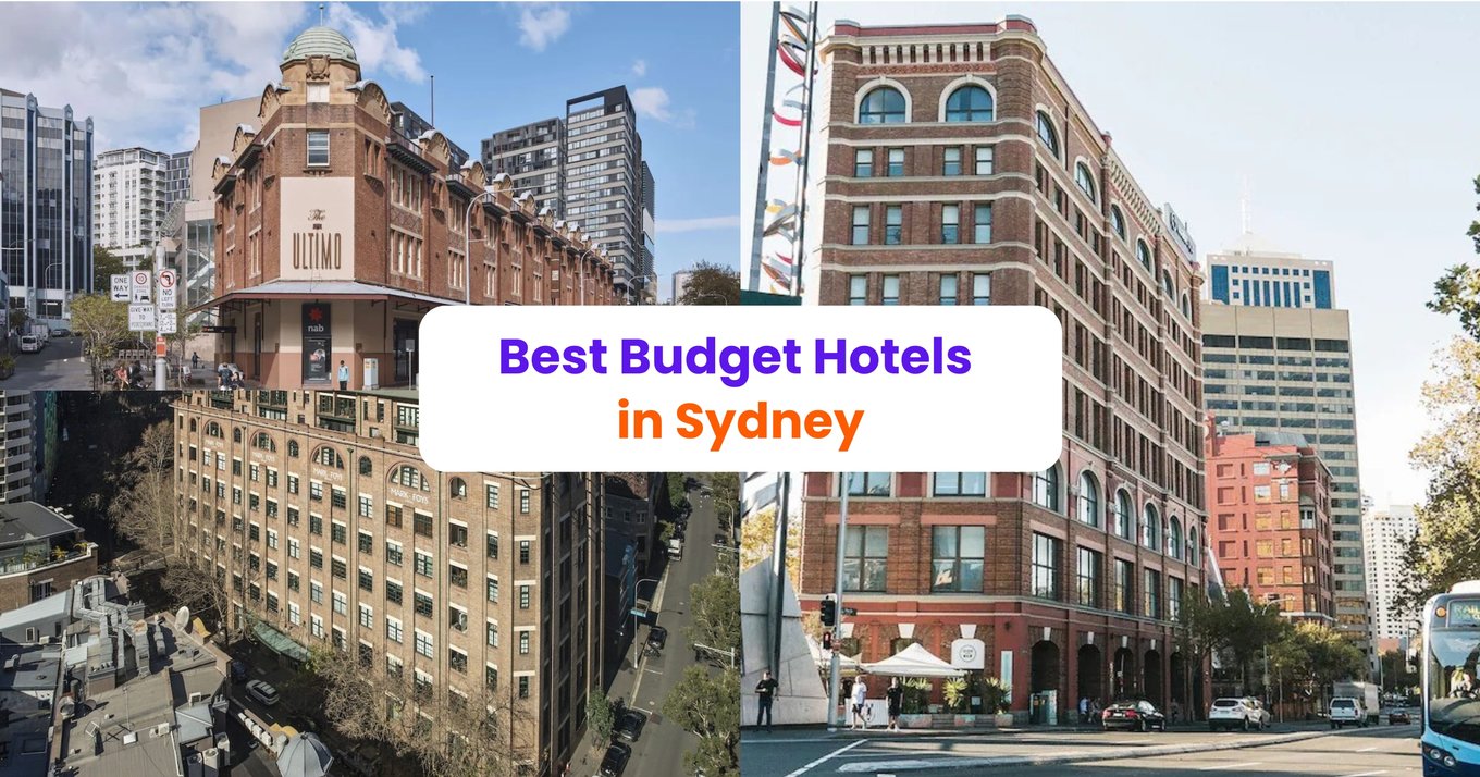 Collage of budget-friendly hotels in Sydney CBD and city streets