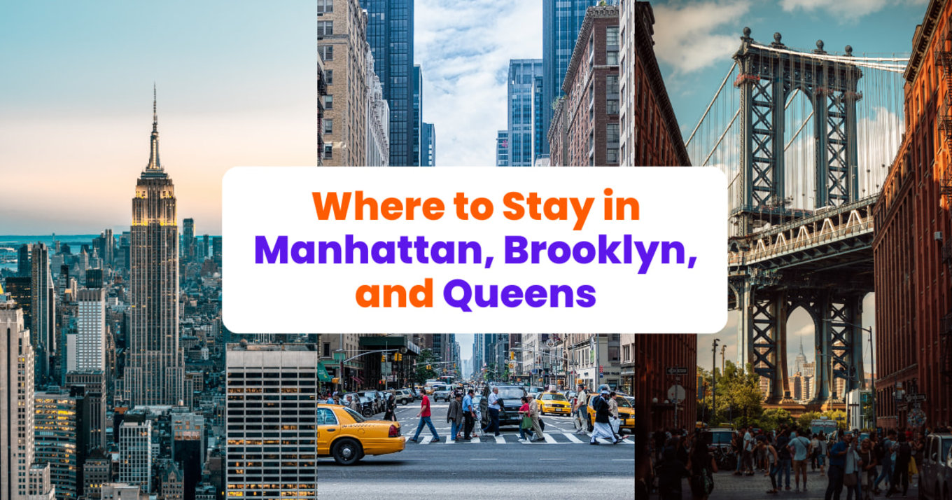 pictures of cities in new york with the caption "where to stay in manhattan, brooklyn, queens"