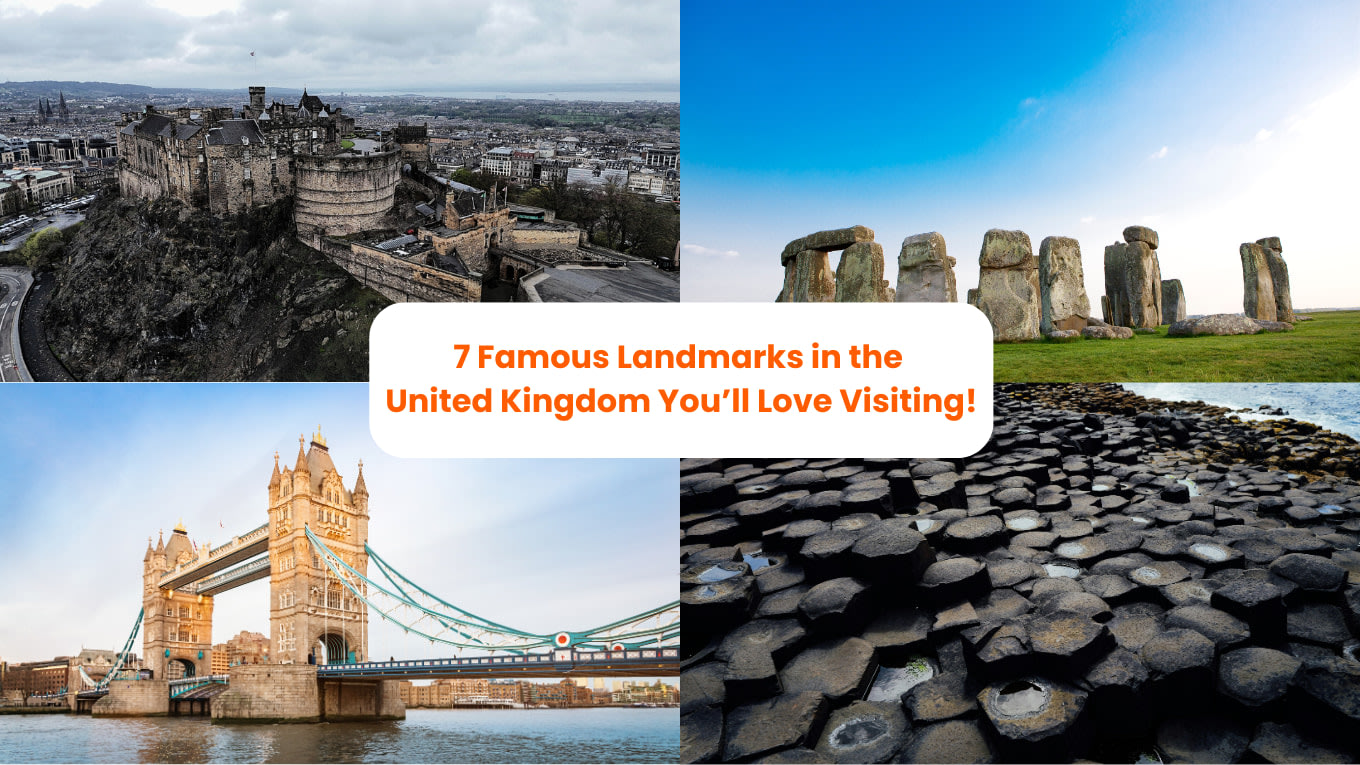 Collage of UK landmarks including castles, bridges, palaces, and Stonehenge