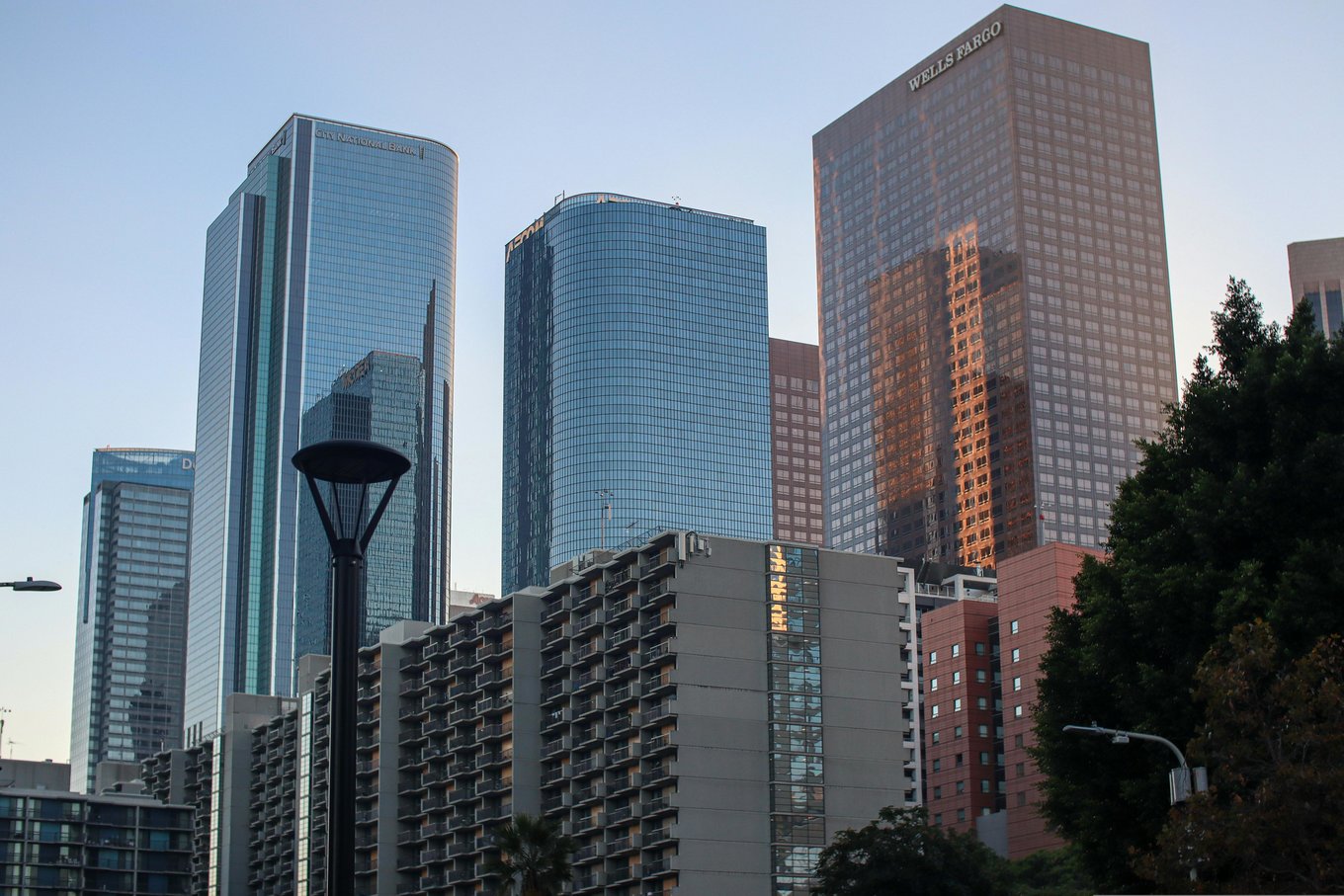 City skyline of downtown Los Angeles with high-rise buildings at sunset