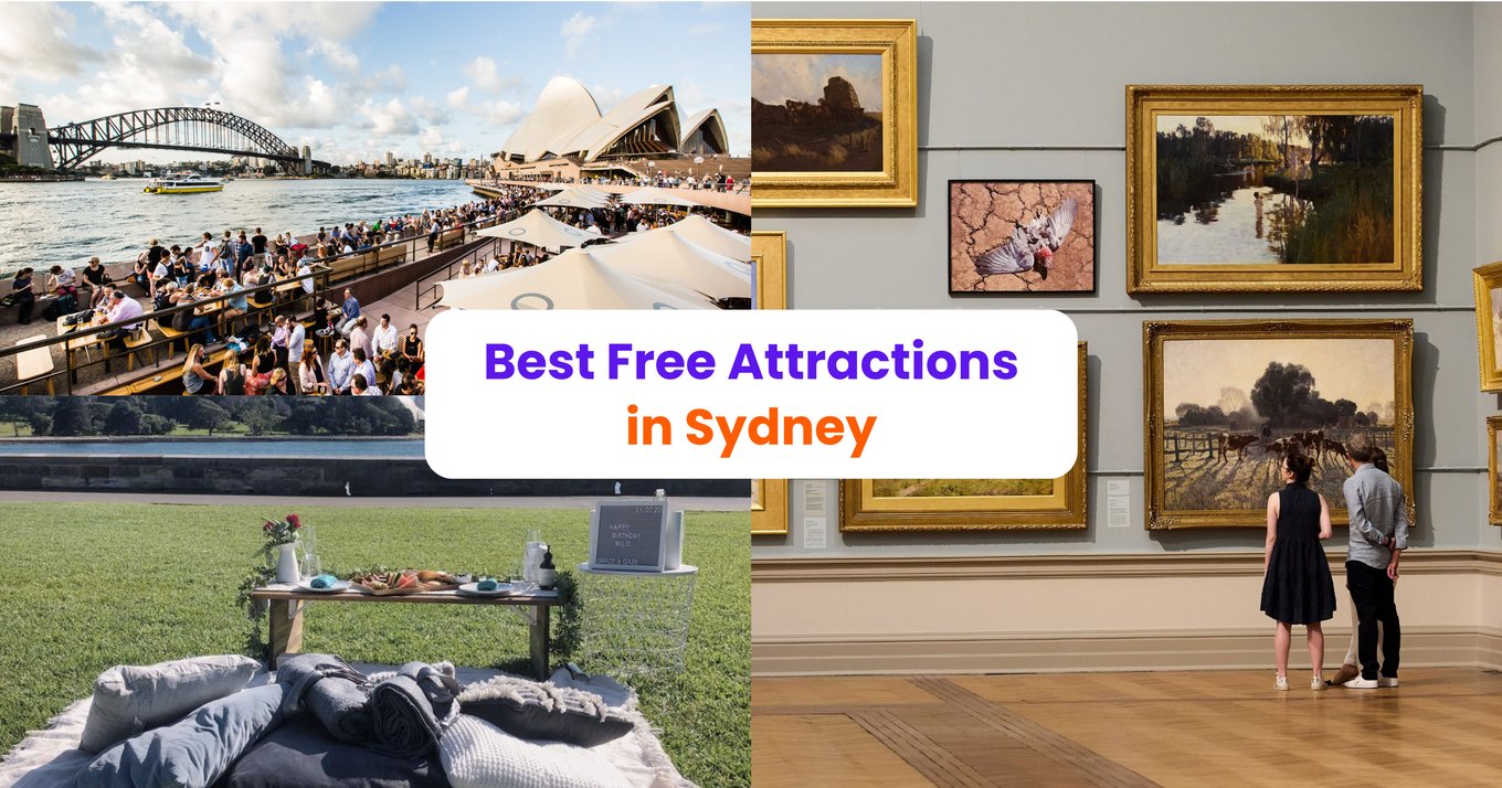 Collage of free attractions in Sydney including beaches, museums, and harbour views