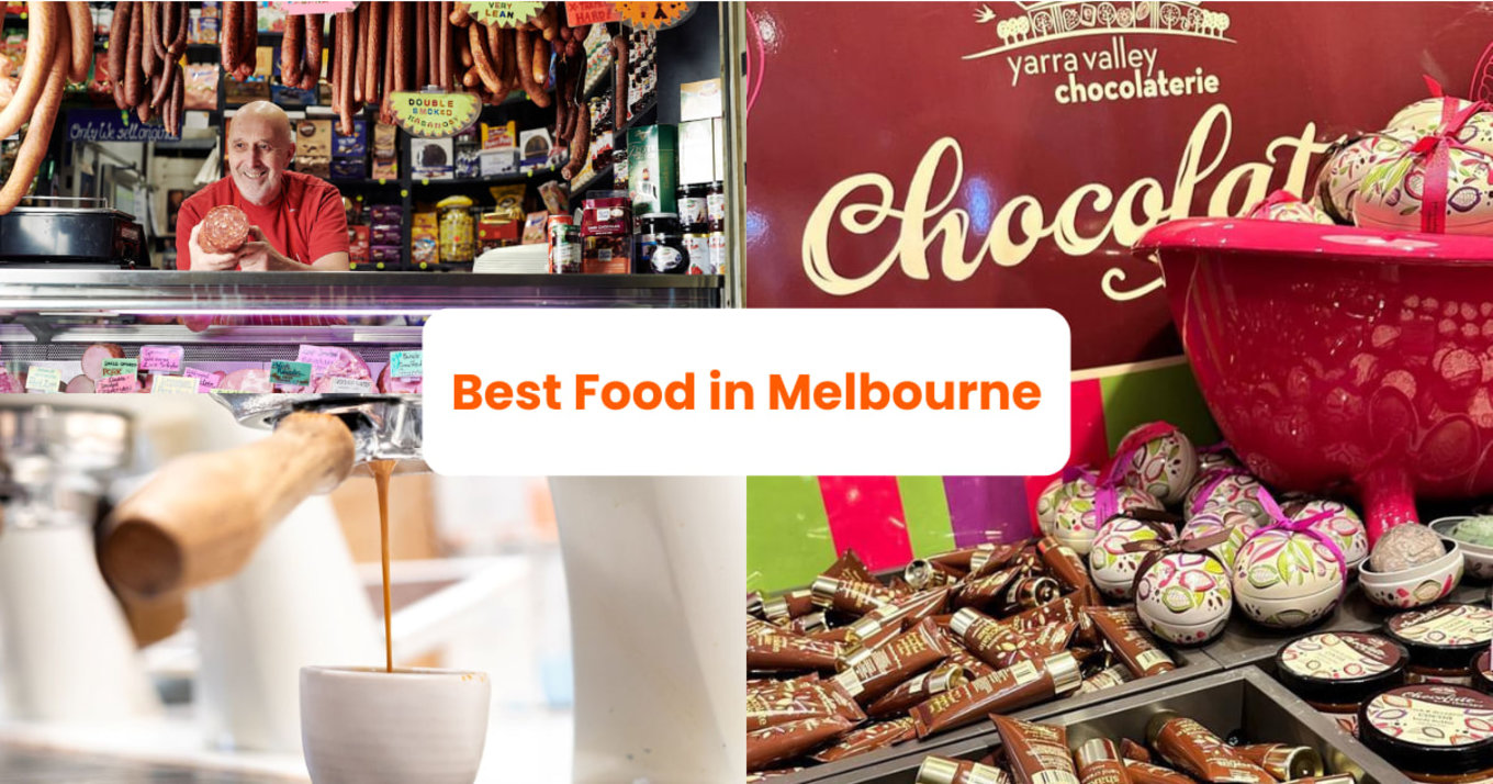 Collage of Melbourne food including coffee, markets, sweets, and local specialties