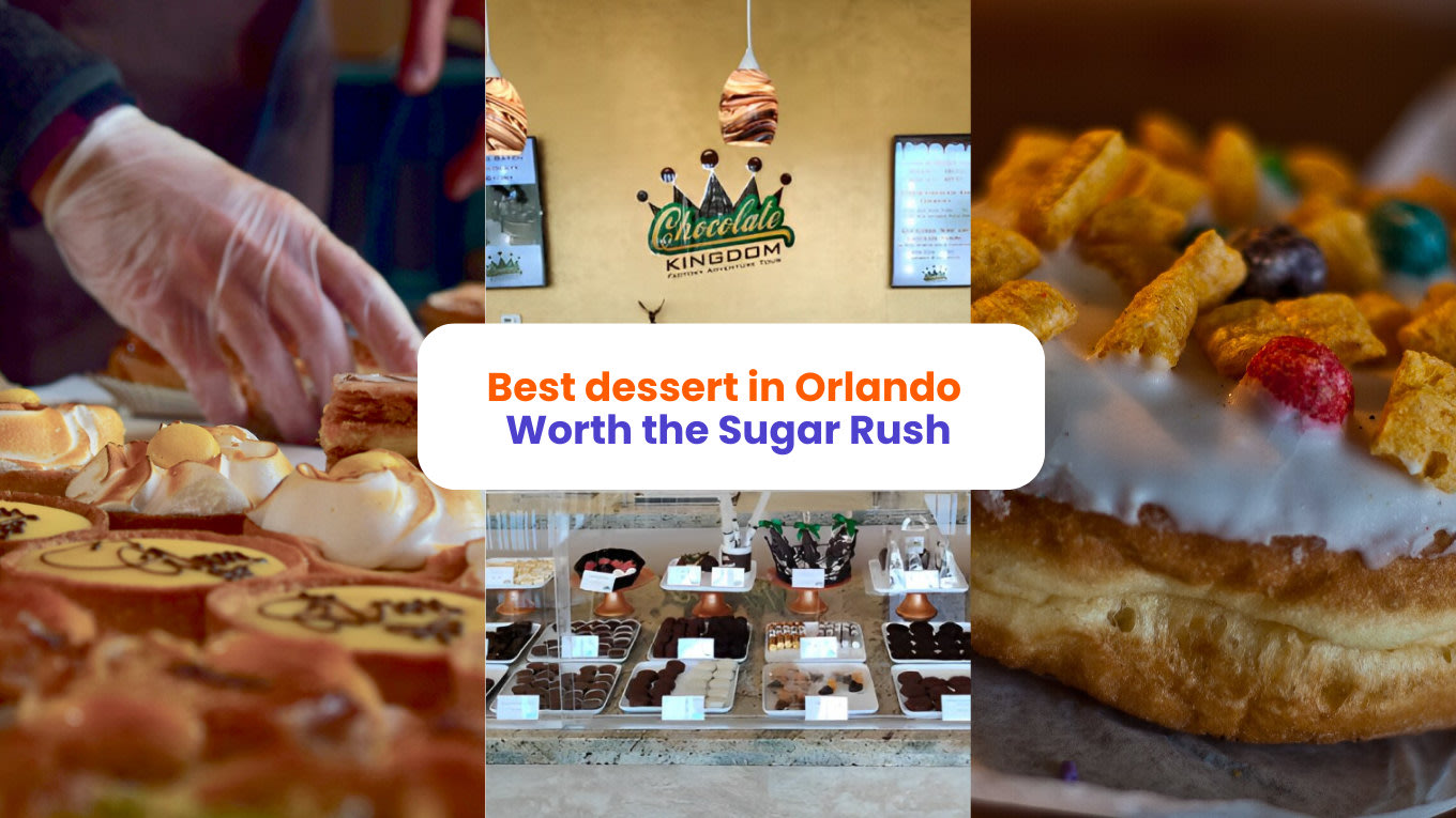 Collage of Orlando desserts including cookies, donuts, and chocolate shop displays