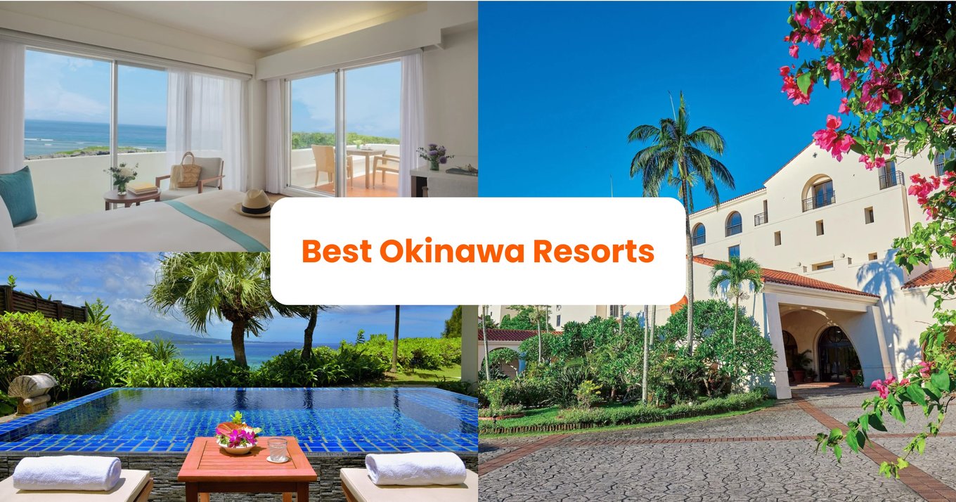 Collage of top Okinawa resorts featuring ocean-view rooms, pools, and tropical resort exteriors