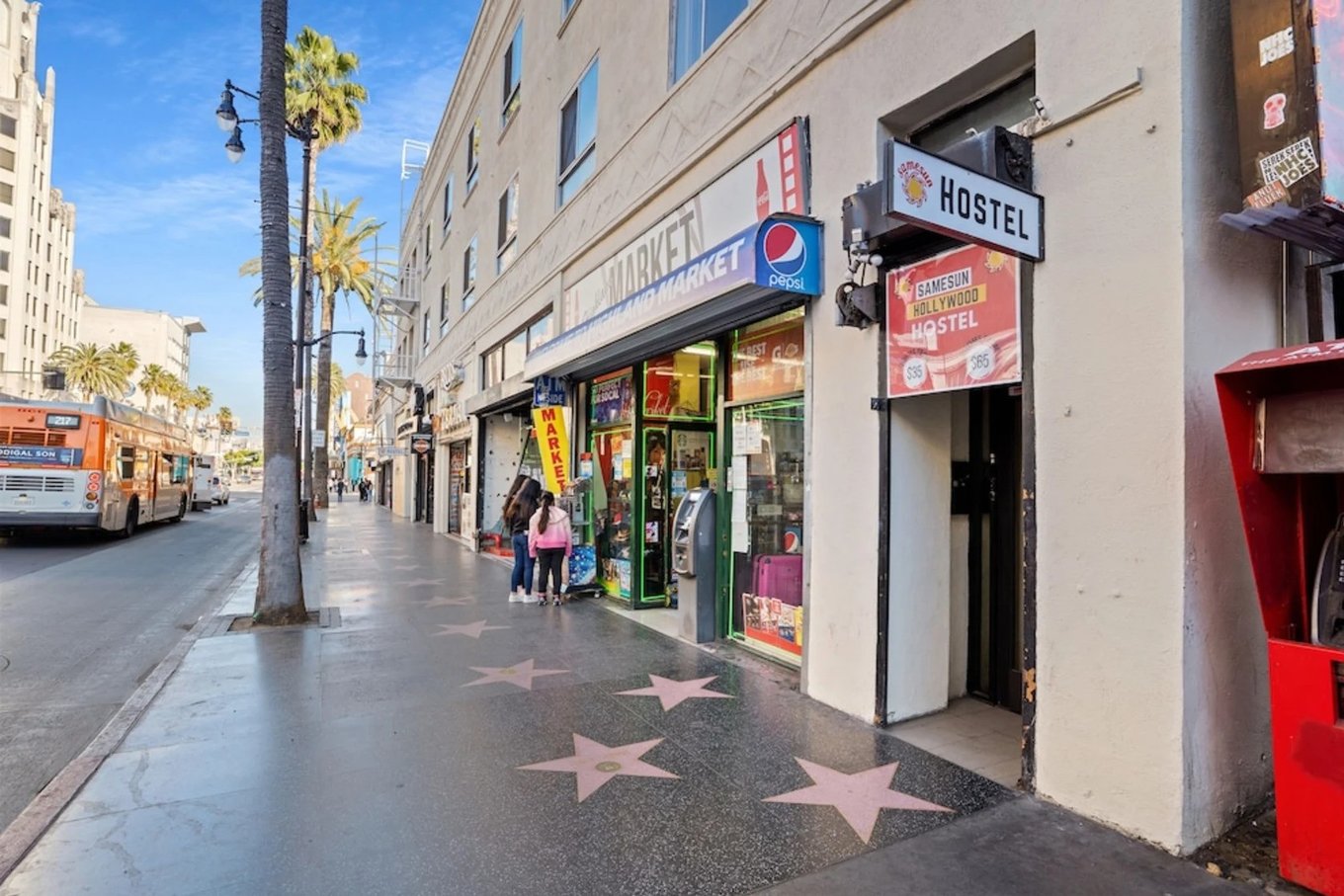 Samesun Hollywood hostel entrance along the Hollywood Walk of Fame in Los Angeles