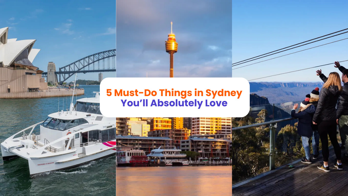 Sydney travel banner showing Opera House, Harbour cruise, Tower Eye, and Blue Mountains