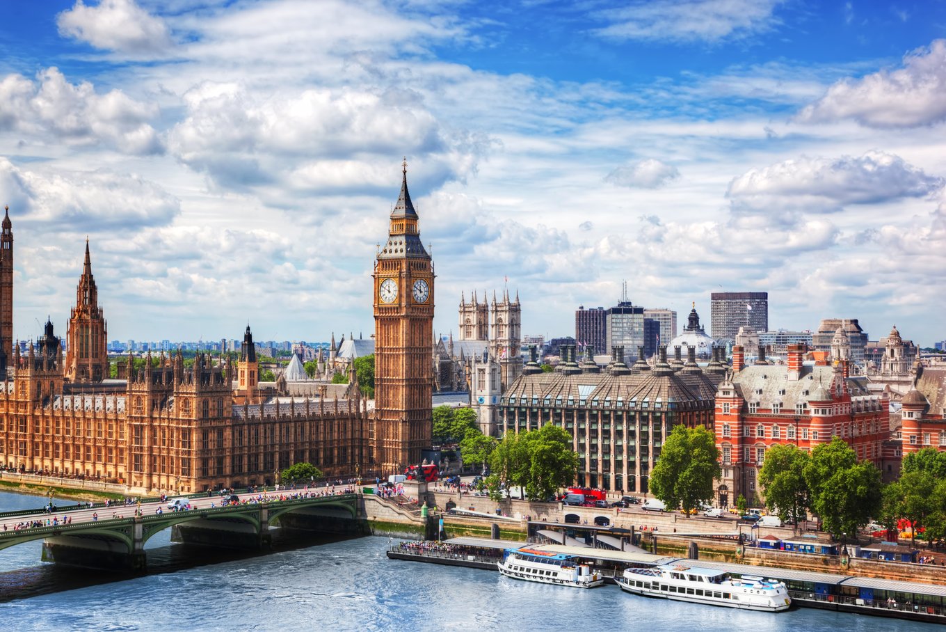 Big Ben, Houses of Parliament, and River Thames skyline in London