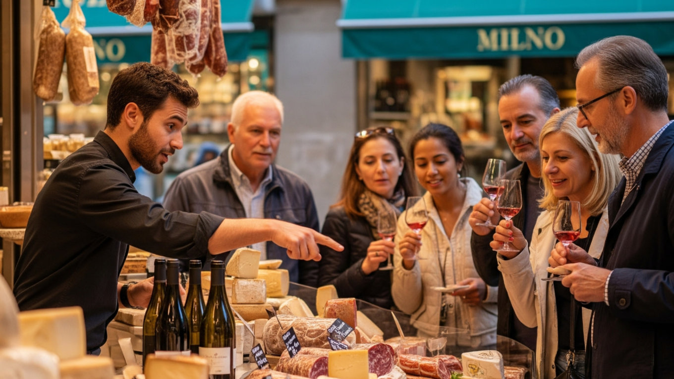 Travelers sampling cheese and wine on a guided food tour in Milan