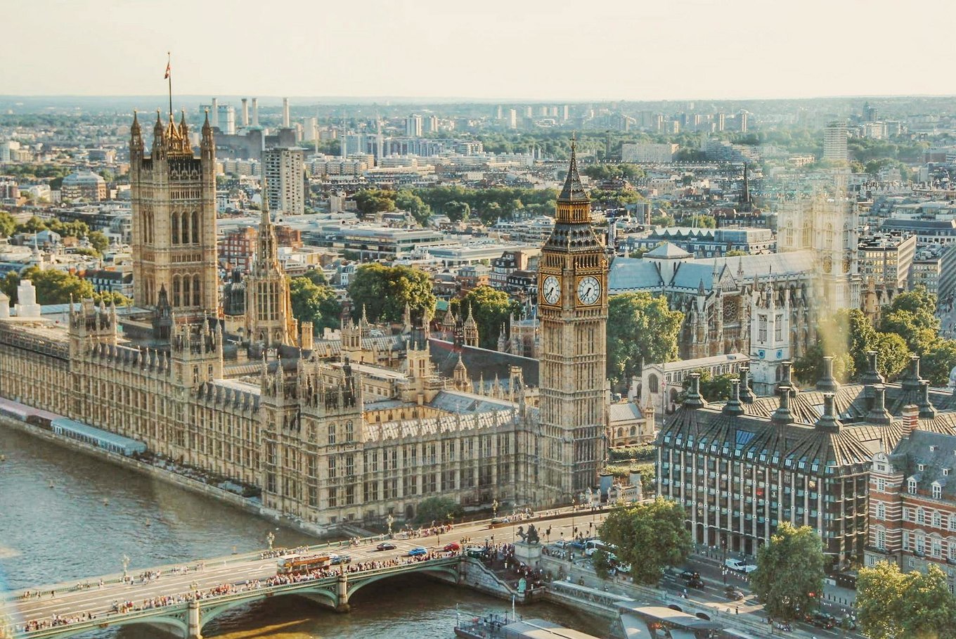 Aerial view of Big Ben, Houses of Parliament, and the River Thames in London