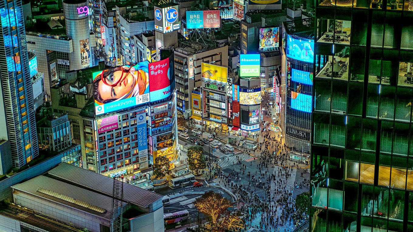 Aerial view of the Shibuya crossing at night