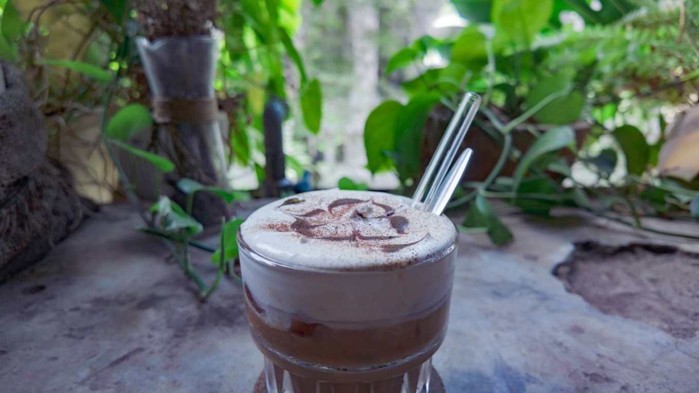 Coffee on a balcony with plants