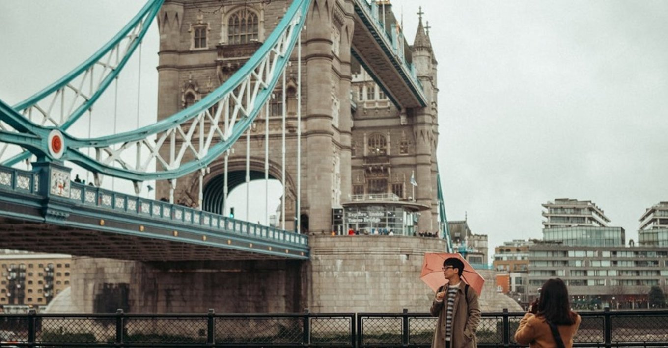 A couple taking photos in front of Tower Bridge