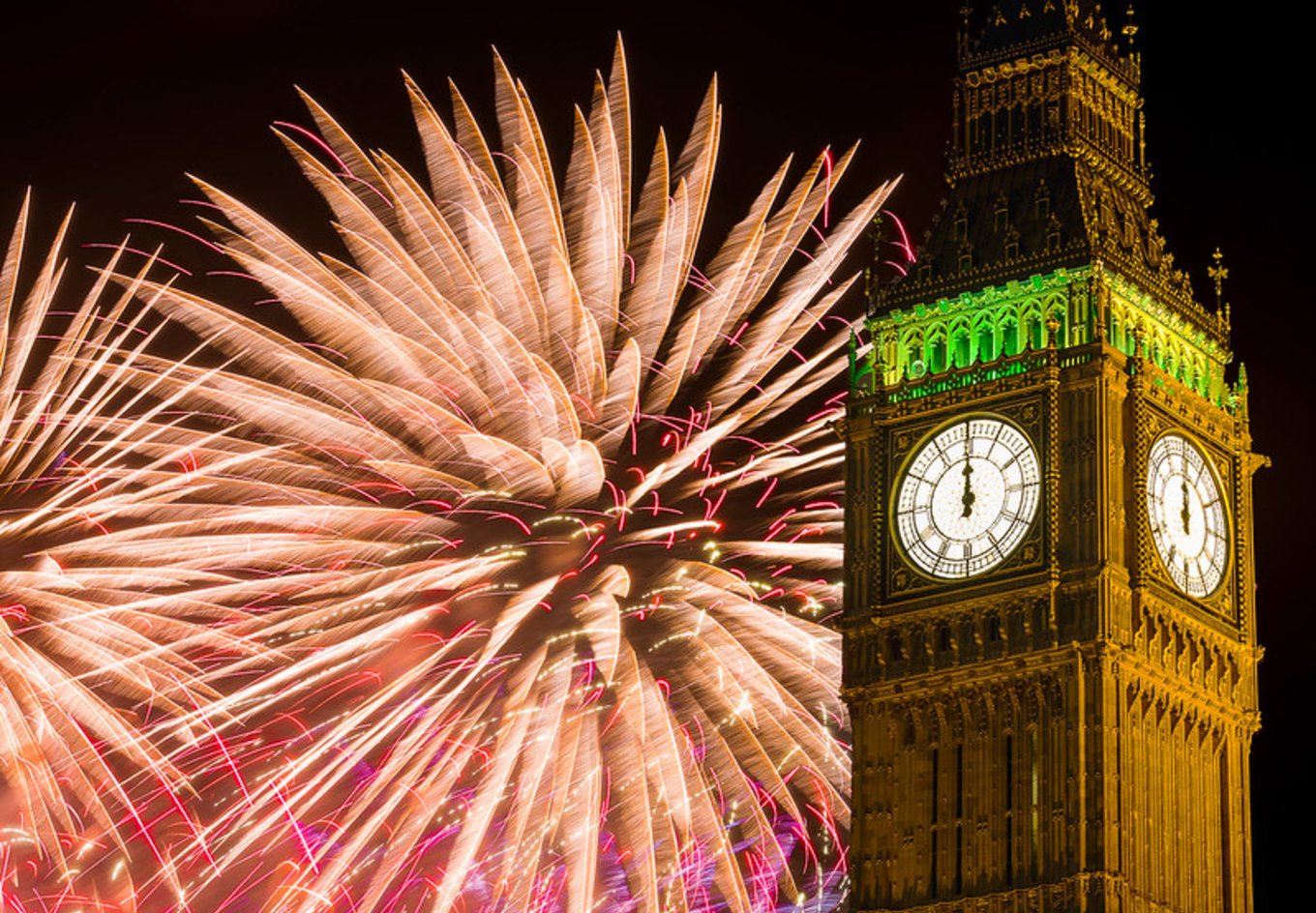 Colorful New Year’s Eve fireworks exploding behind Big Ben in London at midnight celebration