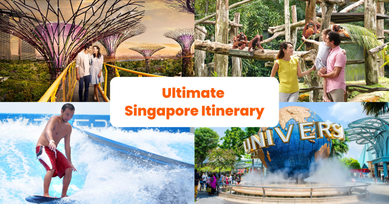 A four-panel travel collage titled "Ultimate Singapore Itinerary" featuring a couple at the Supertree Grove, a family at the orangutan exhibit, a man surfing at a waterpark, and the iconic Universal Studios globe.