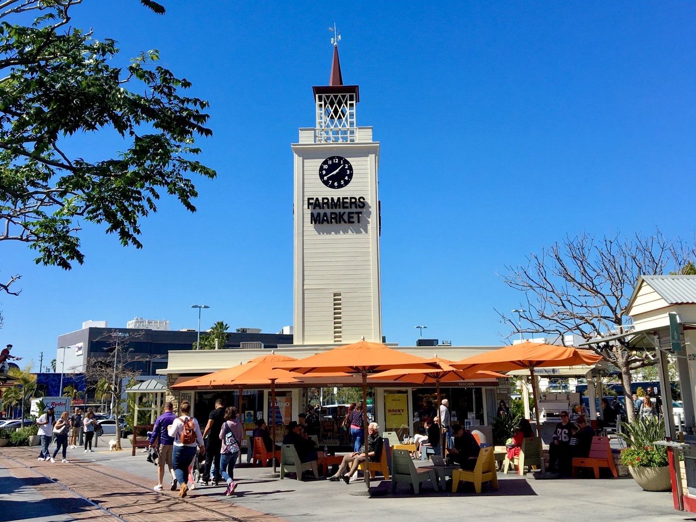 Original Farmers Market Los Angeles entrance with clock tower and shoppers