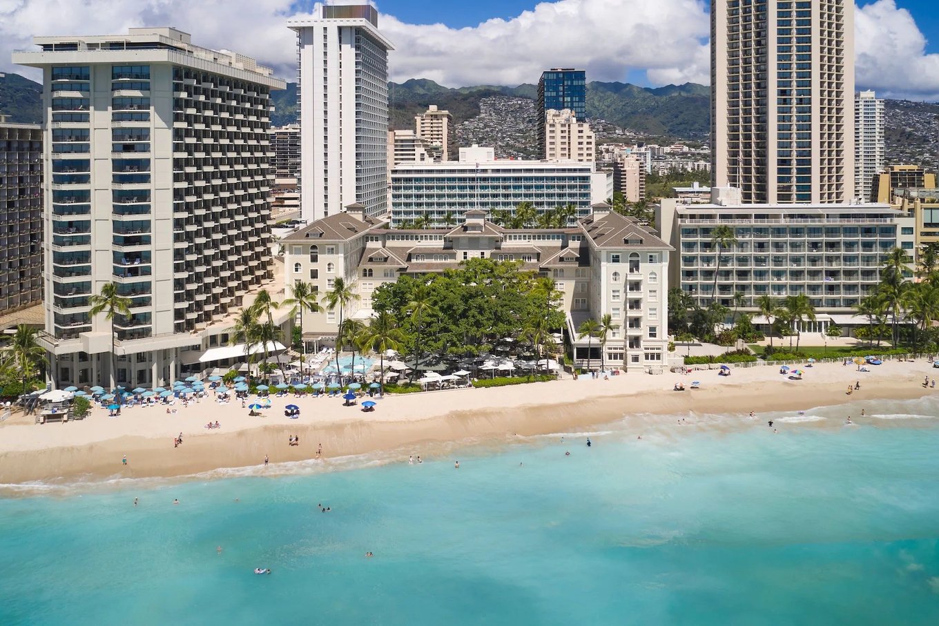 Aerial view of Waikiki Beach and beachfront hotels in Honolulu