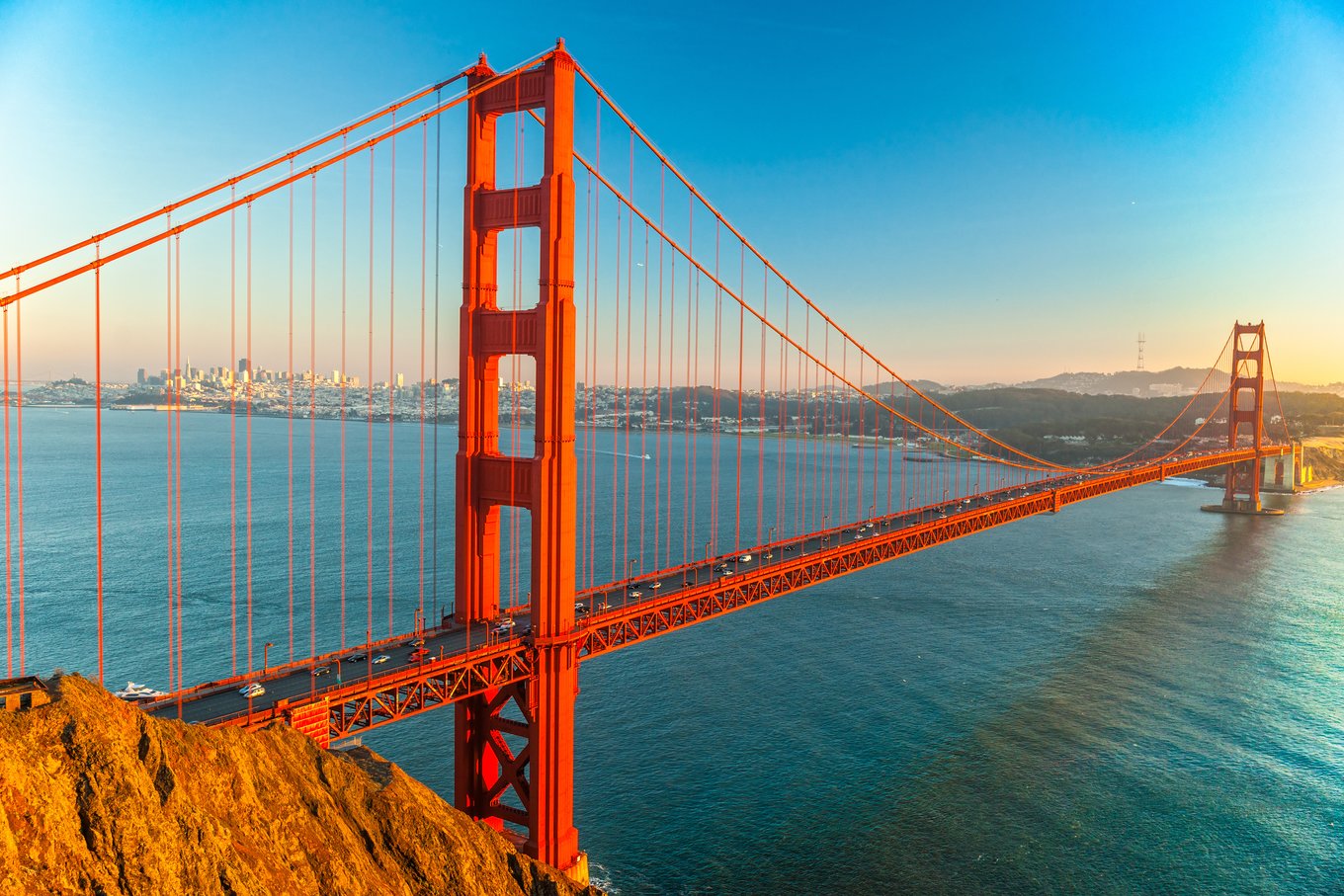 Golden Gate Bridge spanning San Francisco Bay with skyline views