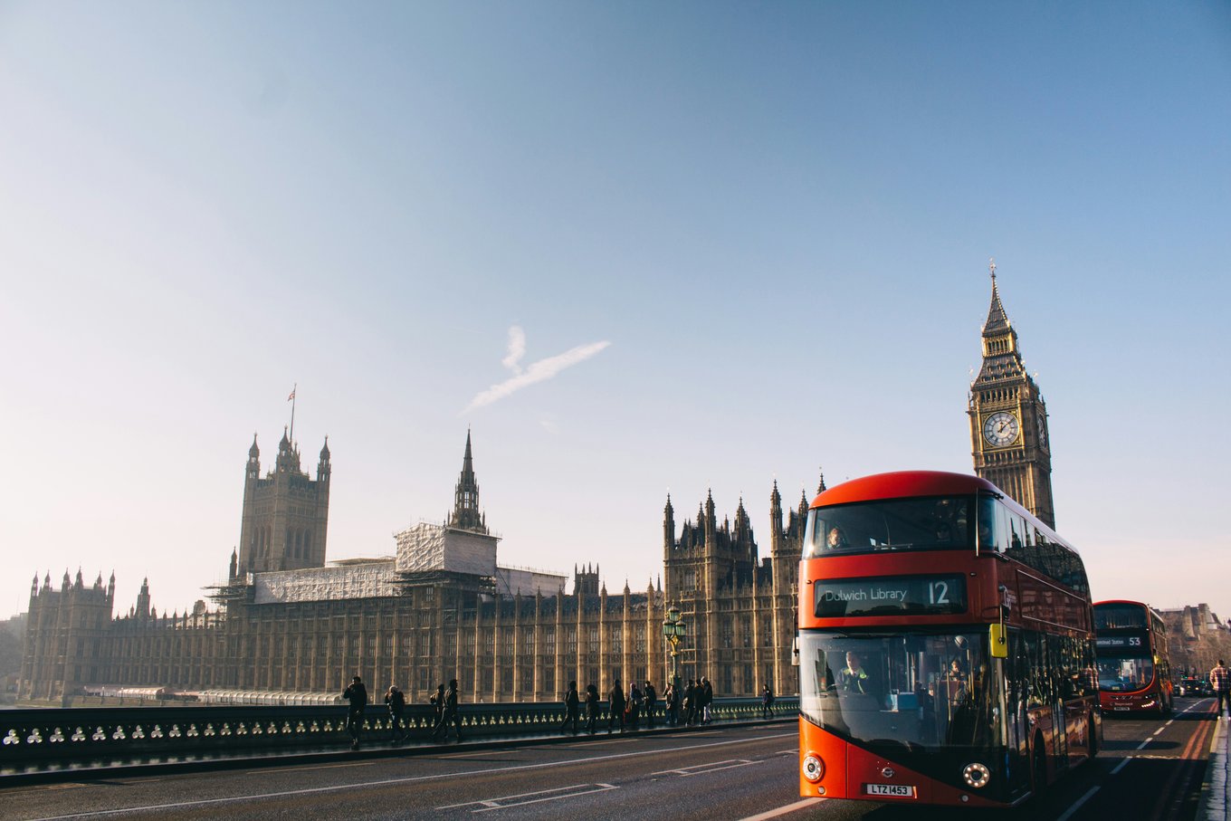 London’s iconic Houses of Parliament and double-decker bus