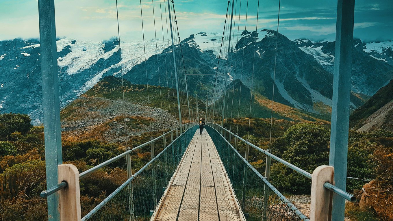 Crossing the Hooker Valley suspension bridge in Aoraki